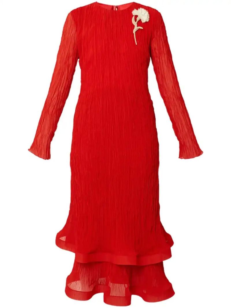 Red Long-sleeved Midi Dress