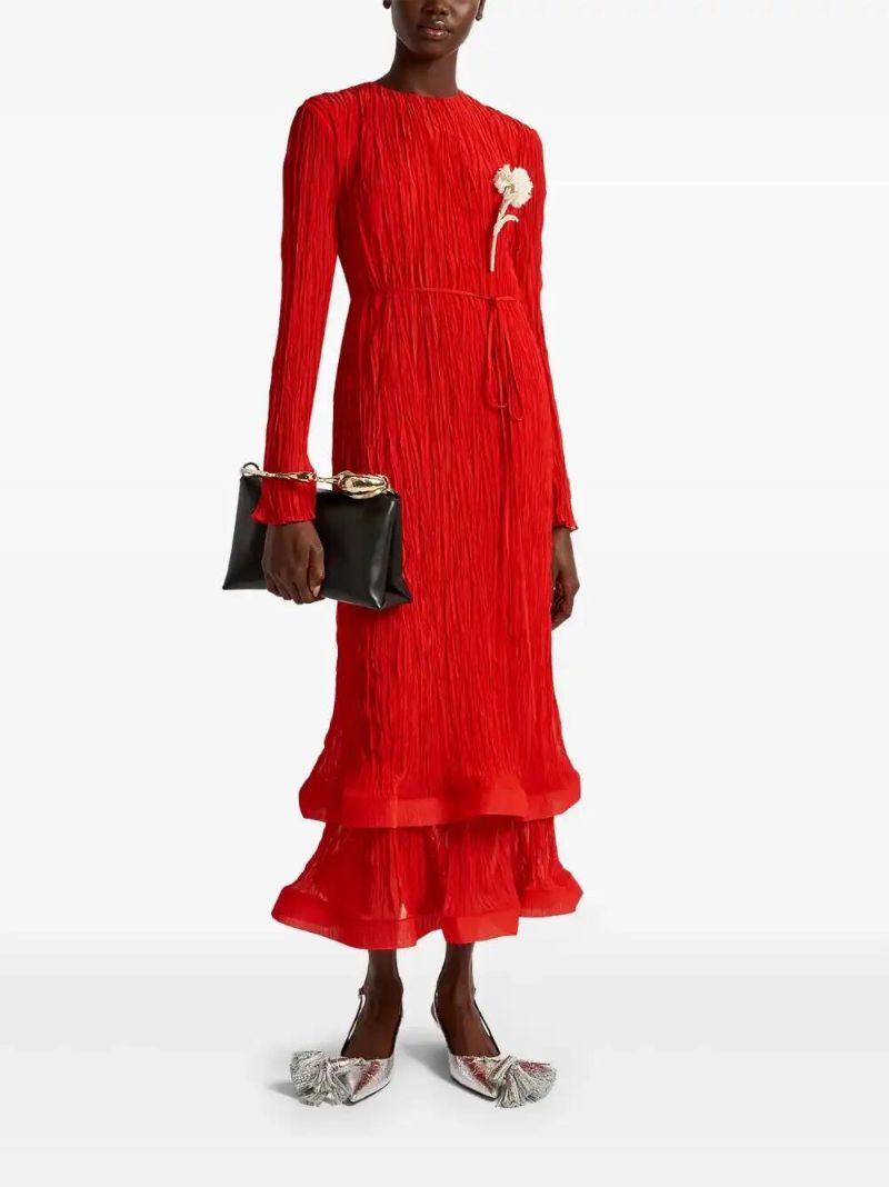 Red Long-sleeved Midi Dress