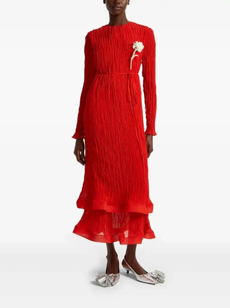 Red Long-sleeved Midi Dress
