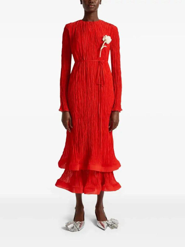 Red Long-sleeved Midi Dress