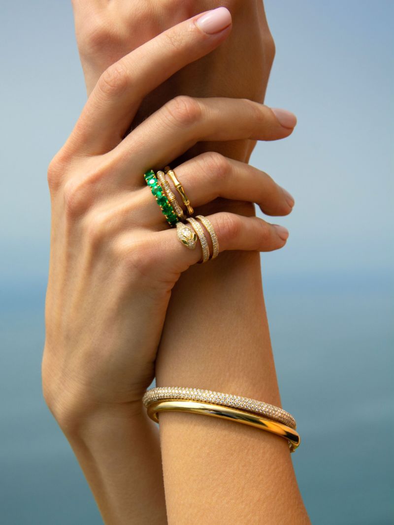 18k Yellow Gold Snake Coil Diamond and Tsavorite Ring