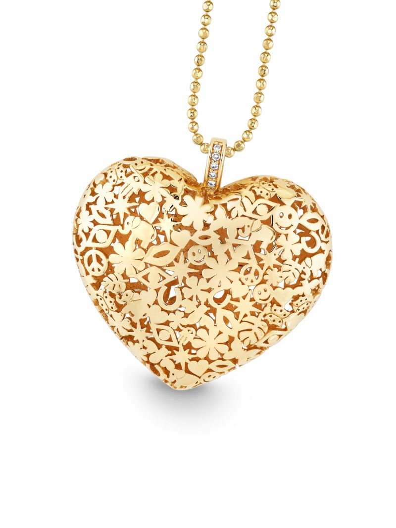 14k Yellow Gold Puffy Icon Wallpaper Heart Charm Necklace