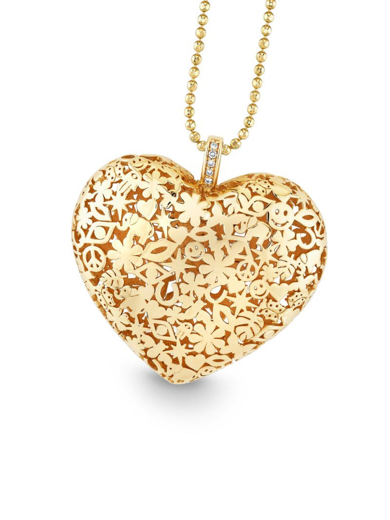 14k Yellow Gold Puffy Icon Wallpaper Heart Charm Necklace