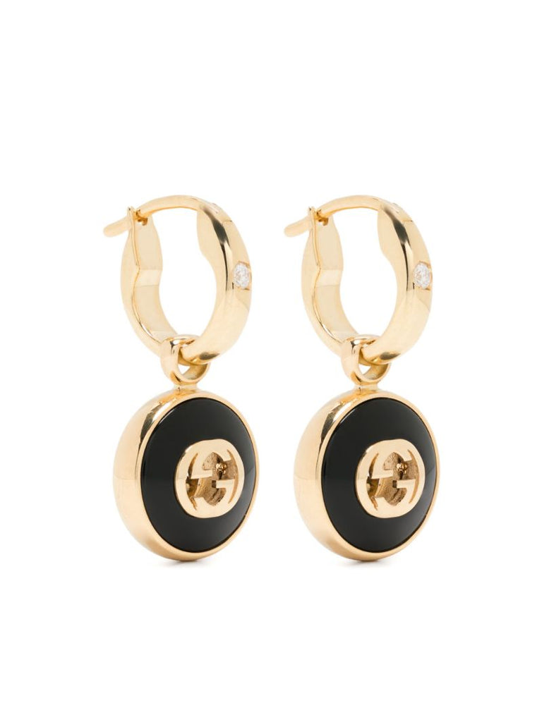 18k Yellow Gold Interlocking G Onyx and Diamond Earrings