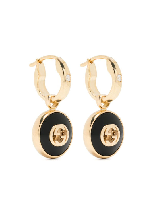 18k Yellow Gold Interlocking G Onyx and Diamond Earrings