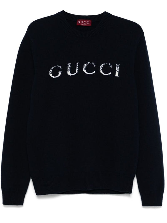 Blue Wool Intarsia-logo Sweater