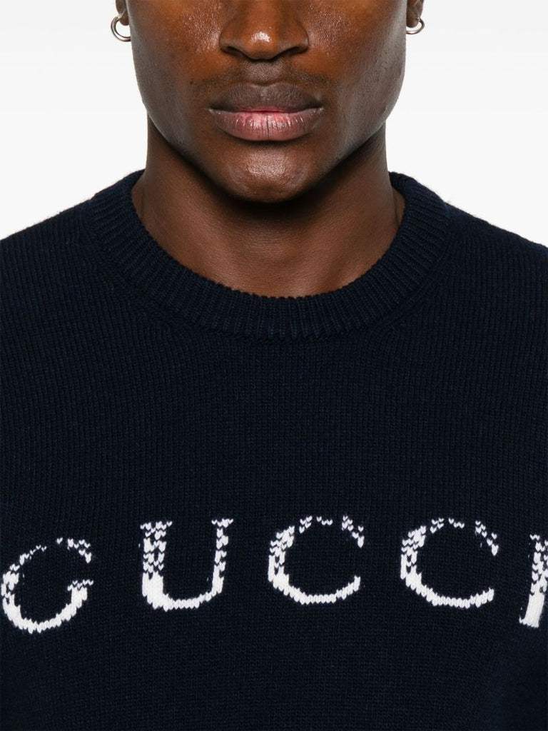 Blue Wool Intarsia-logo Sweater