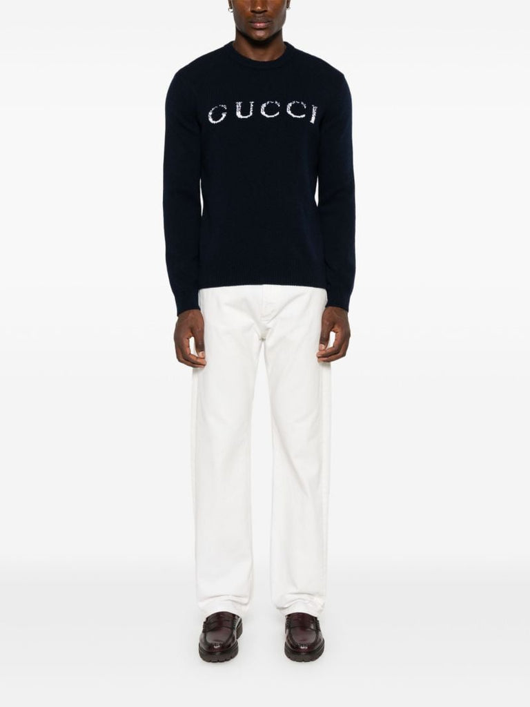 Blue Wool Intarsia-logo Sweater