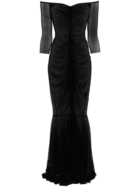 Black Off-shoulder Shirred Gown