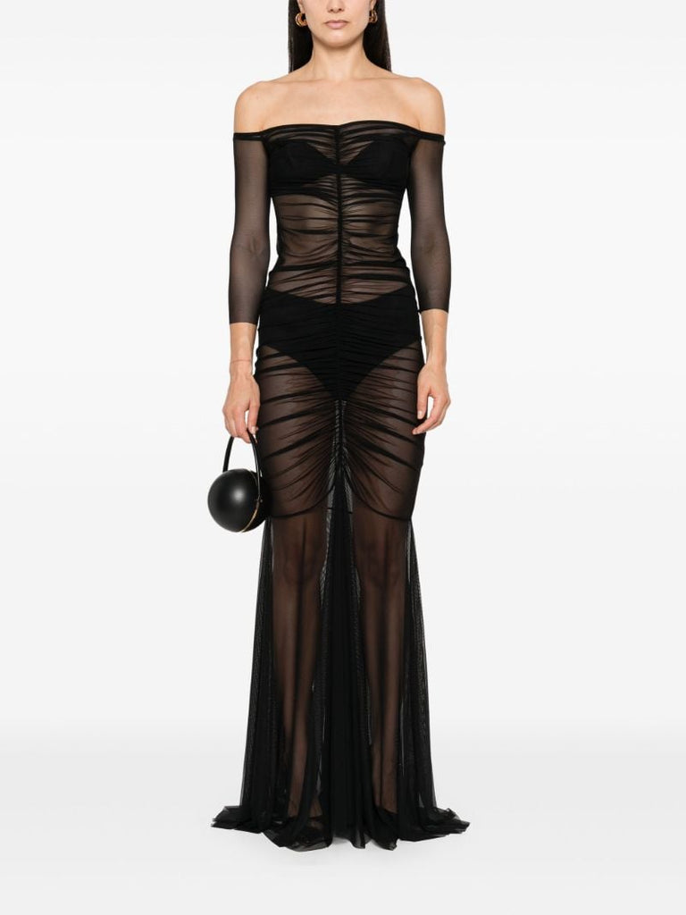 Black Off-shoulder Shirred Gown