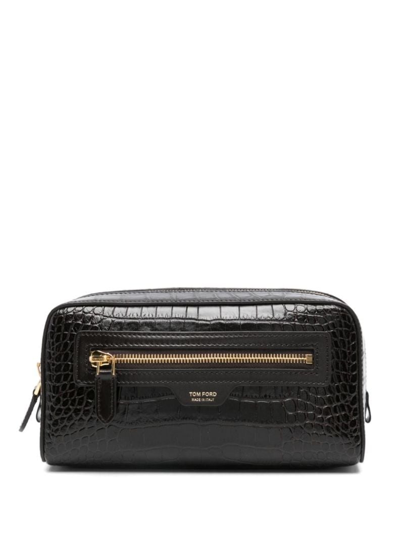 Crocodile-embossed Zipped Clutch Bag