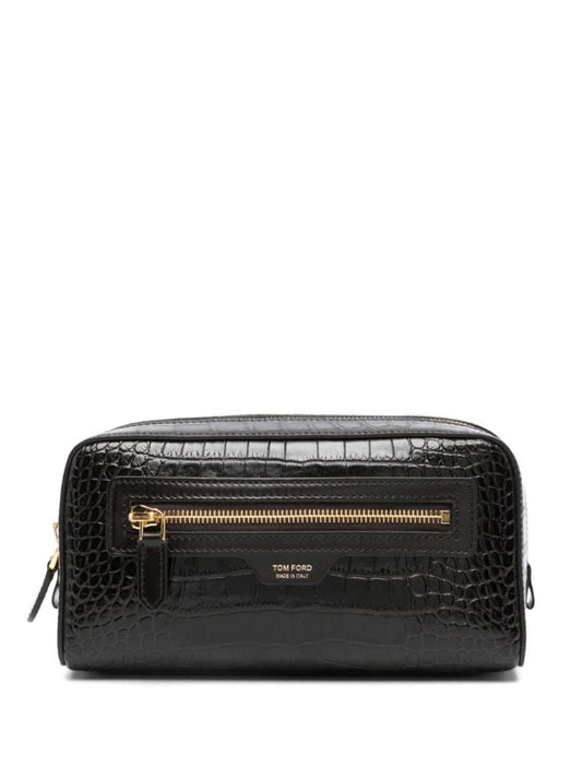 Crocodile-embossed Zipped Clutch Bag