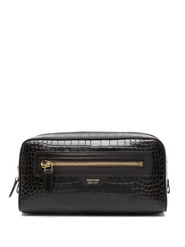 Crocodile-embossed Zipped Clutch Bag