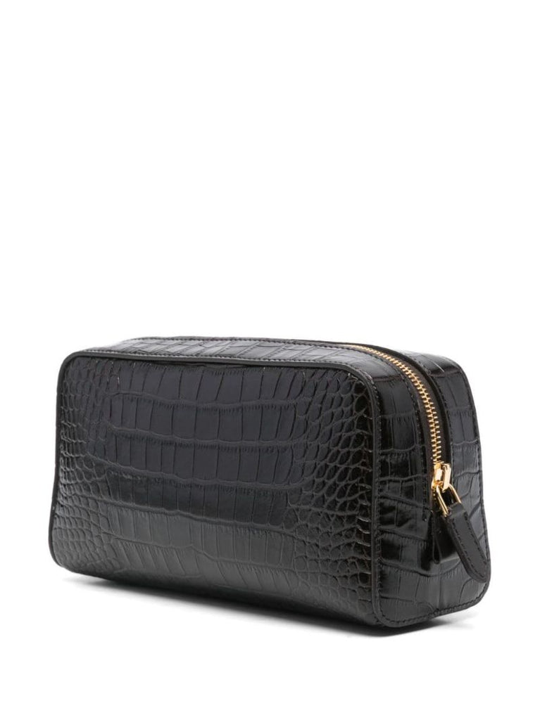 Crocodile-embossed Zipped Clutch Bag