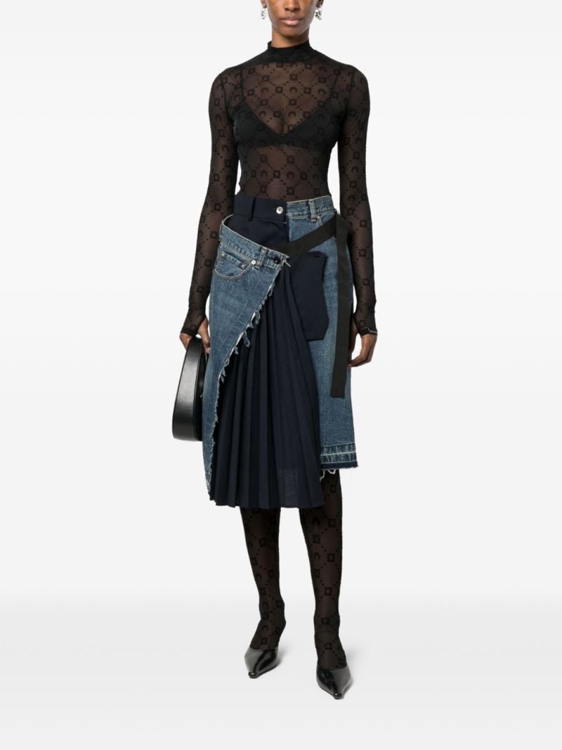 Black Moonogram Sheer Mesh Long-sleeved Top