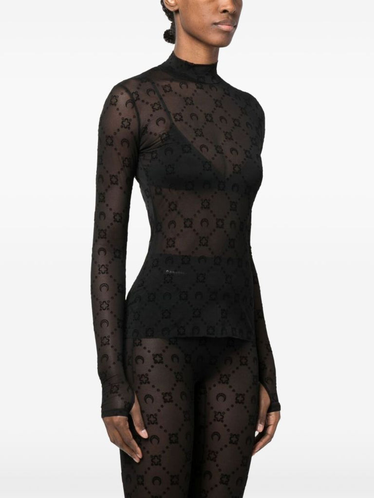 Black Moonogram Sheer Mesh Long-sleeved Top