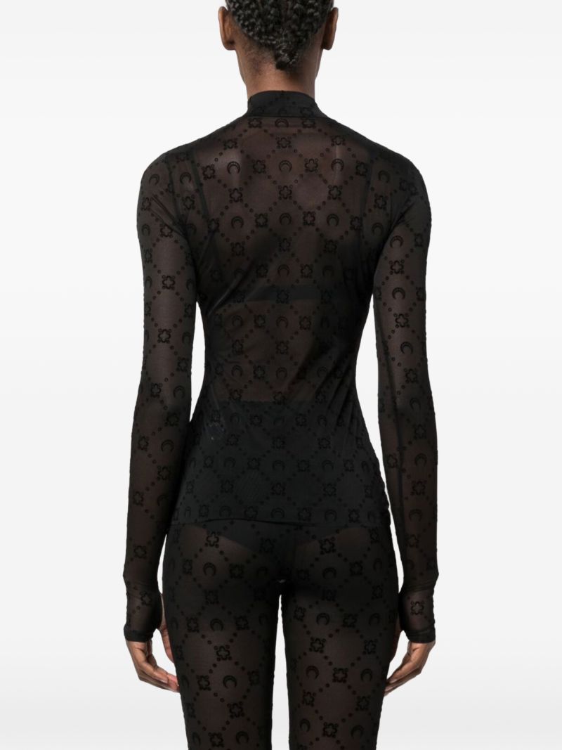 Black Moonogram Sheer Mesh Long-sleeved Top