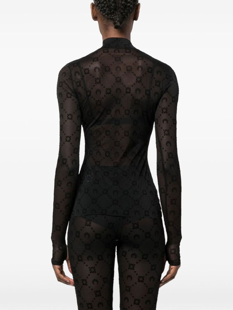 Black Moonogram Sheer Mesh Long-sleeved Top