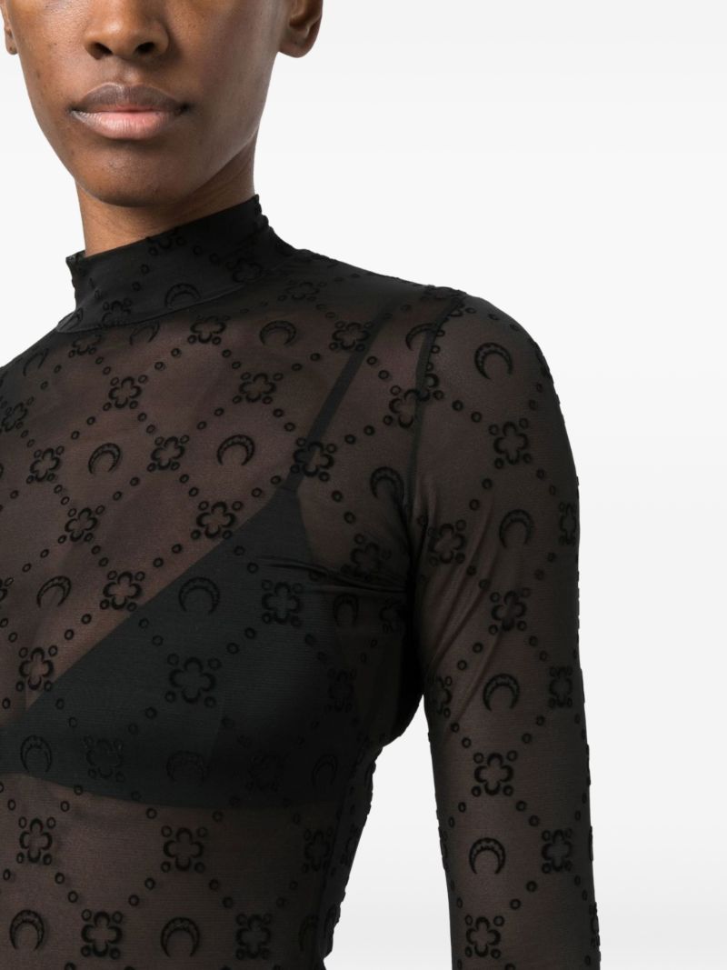 Black Moonogram Sheer Mesh Long-sleeved Top