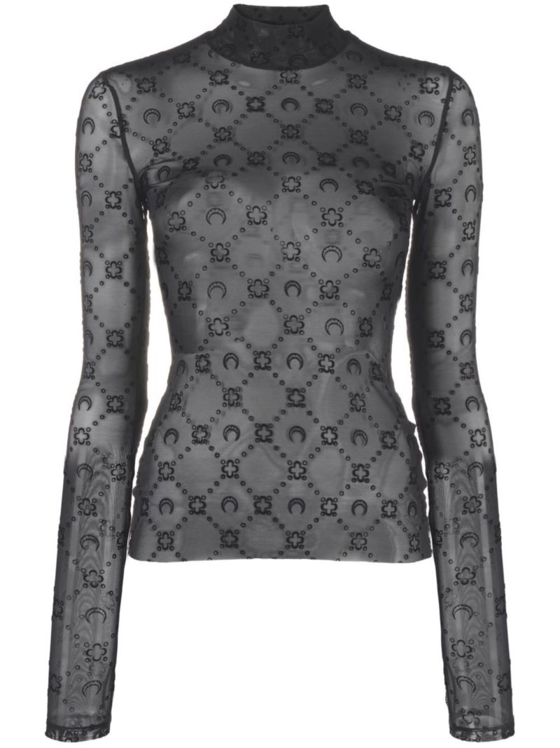 Black Moonogram Sheer Mesh Long-sleeved Top