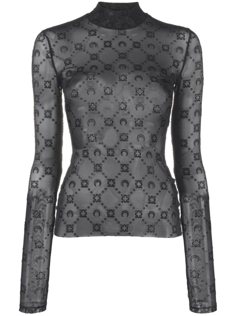 Black Moonogram Sheer Mesh Long-sleeved Top