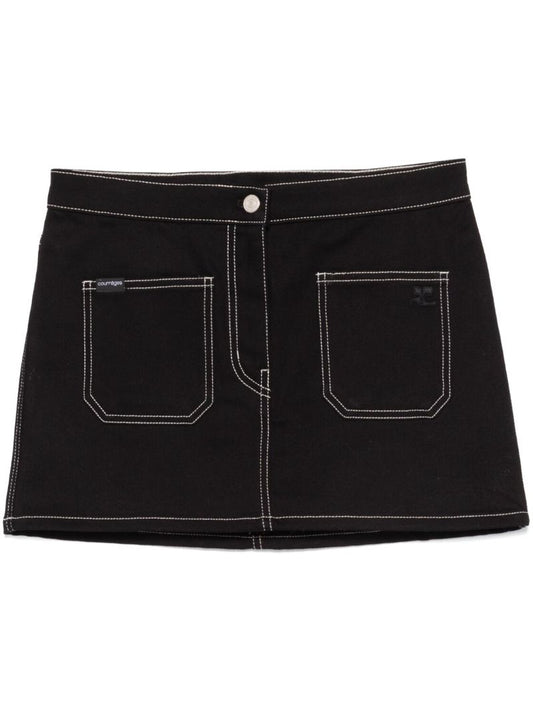 Black Topstitched Denim Mini Skirt