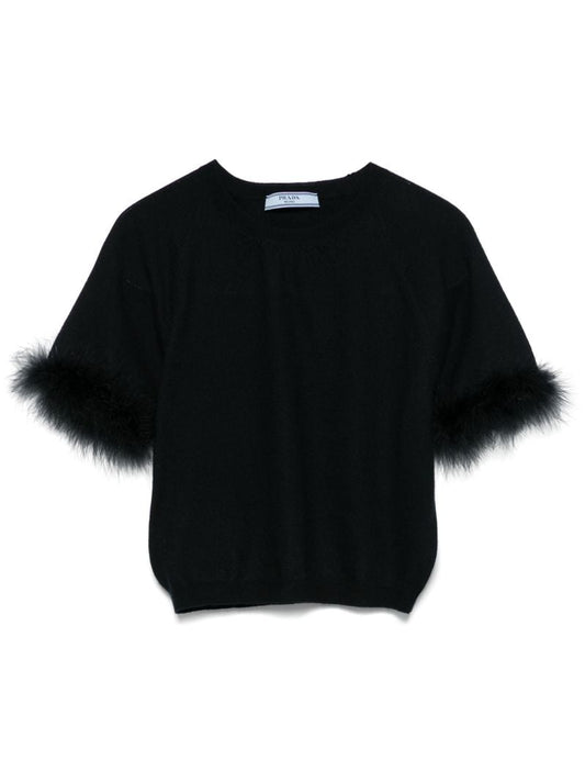 Black Faux-fur Trim Top