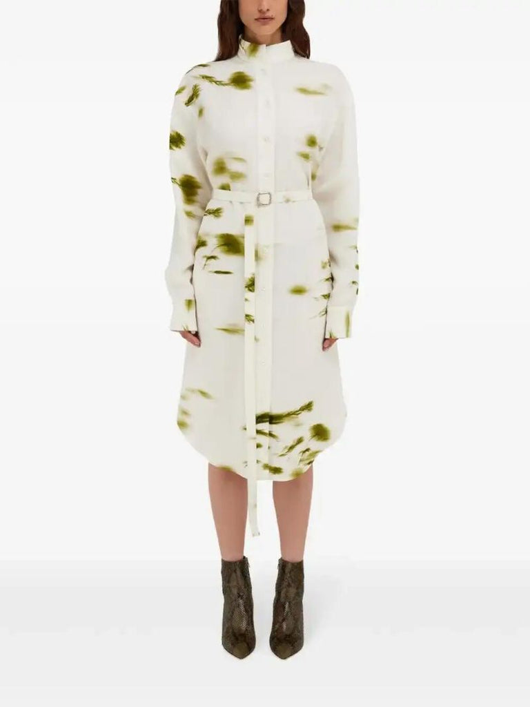 White Blossom-print Shirt Dress