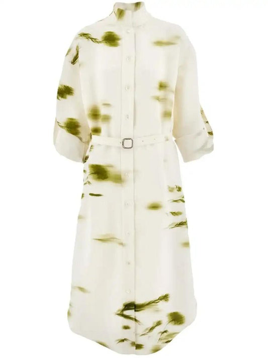 White Blossom-print Shirt Dress