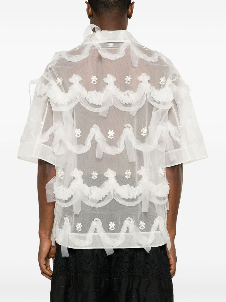 Neutral Floral-embroidered Tulle Shirt