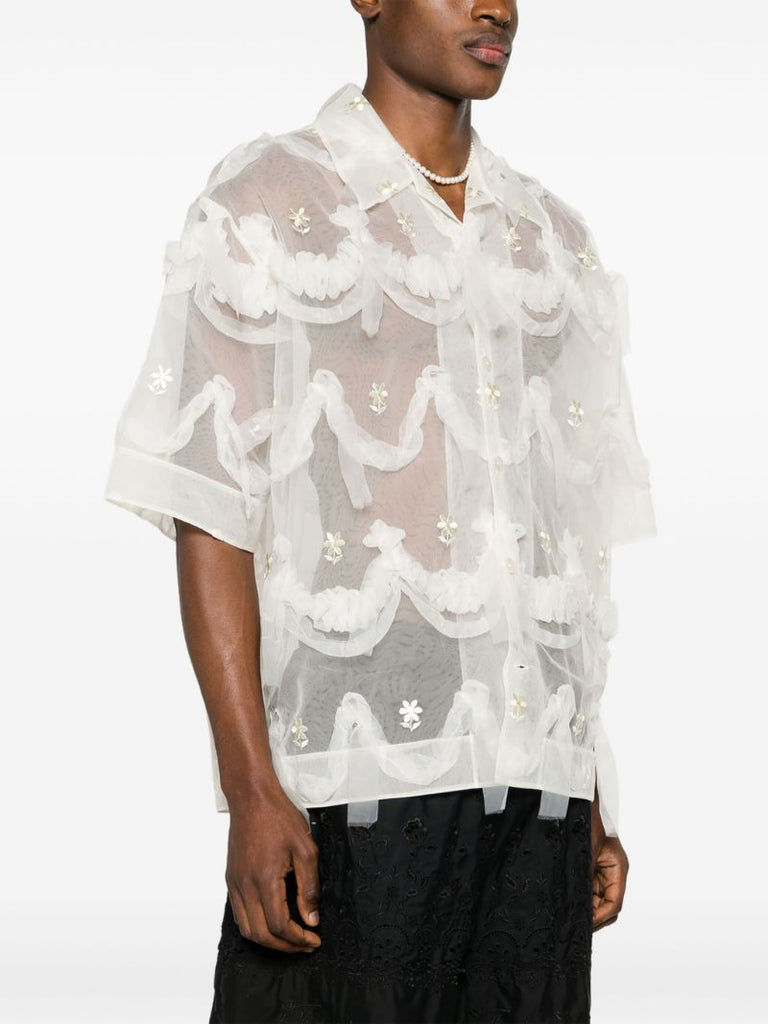 Neutral Floral-embroidered Tulle Shirt