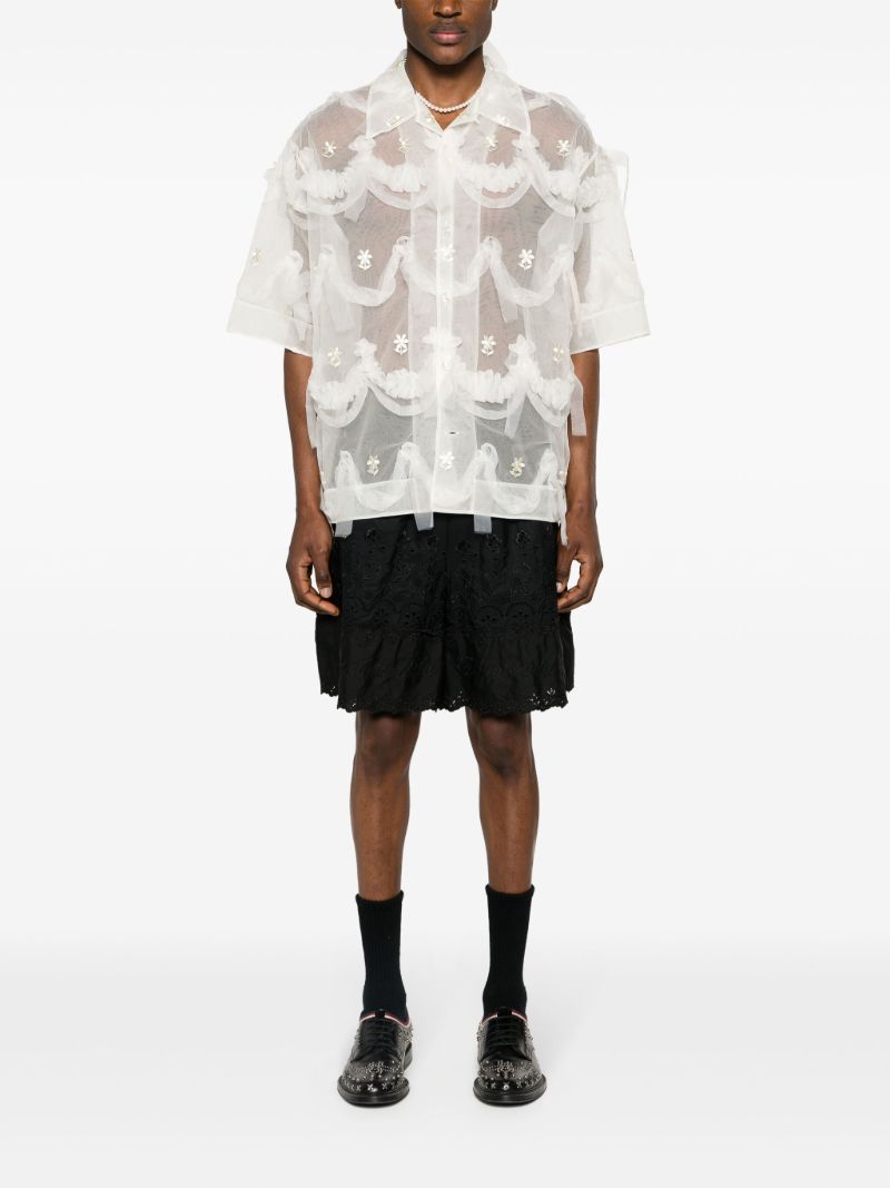 Neutral Floral-embroidered Tulle Shirt