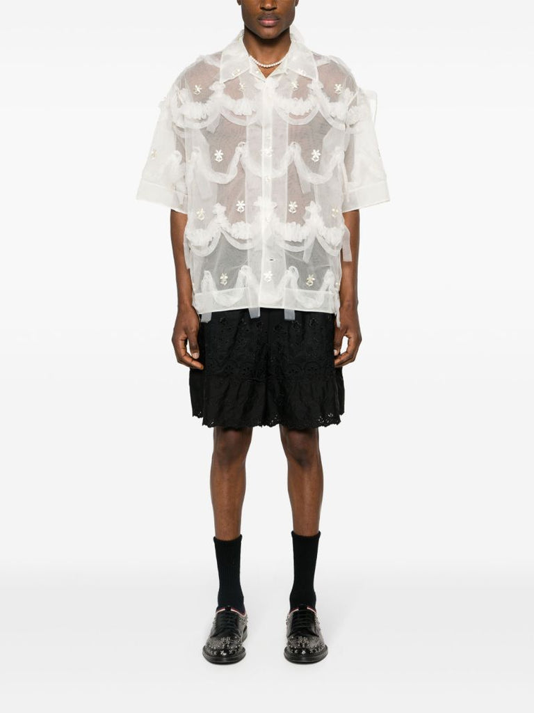 Neutral Floral-embroidered Tulle Shirt