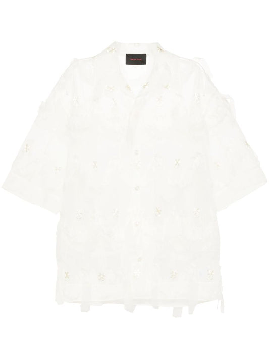 Neutral Floral-embroidered Tulle Shirt