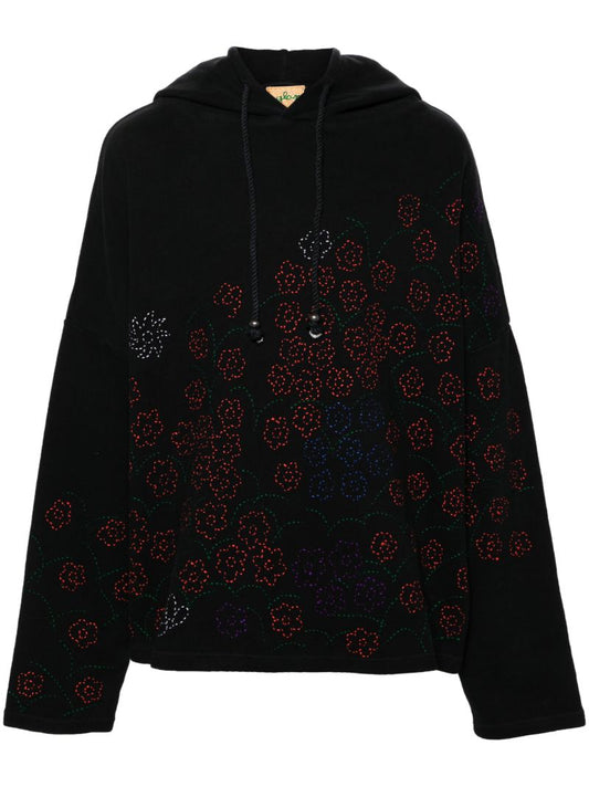 Black Floral-embroidered Drop-shoulder Hoodie