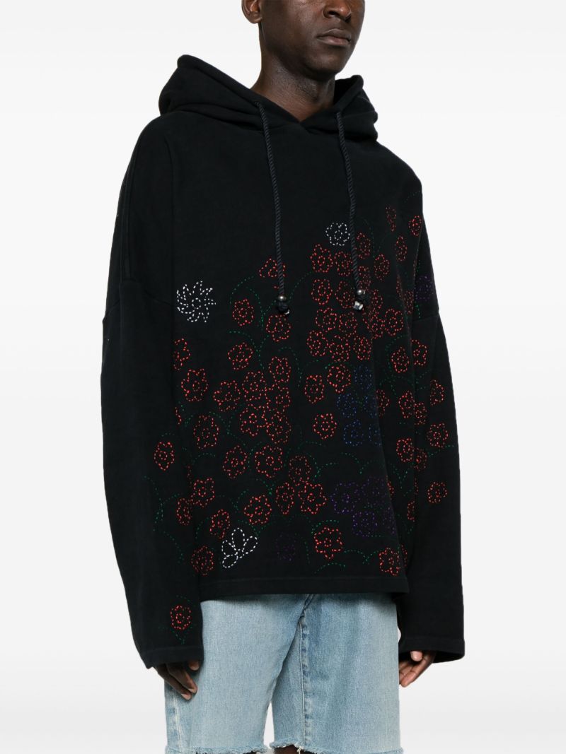 Black Floral-embroidered Drop-shoulder Hoodie
