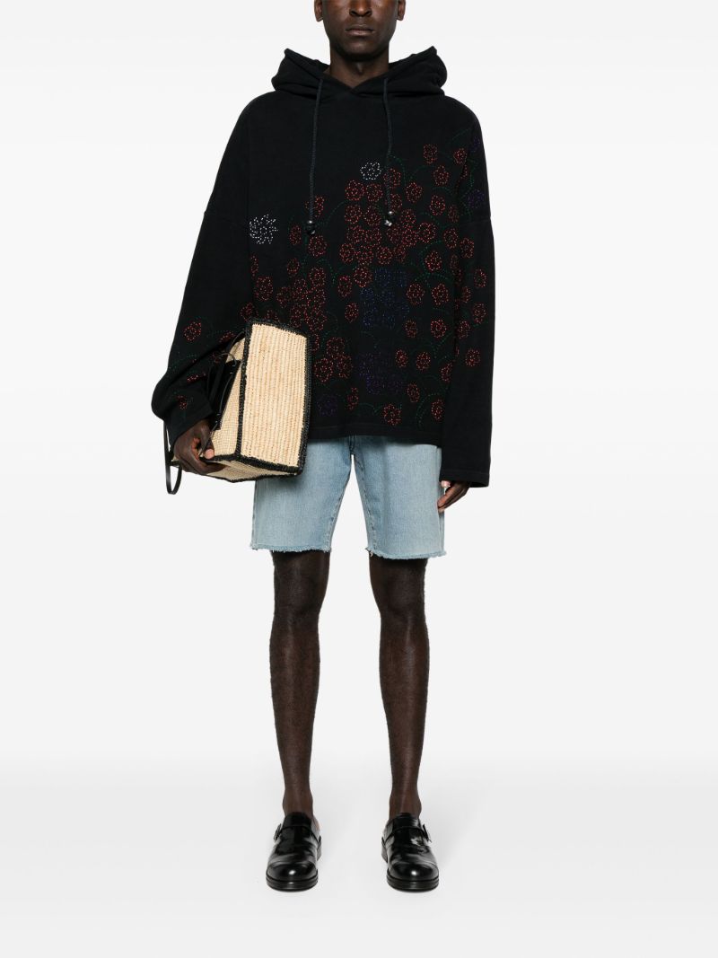 Black Floral-embroidered Drop-shoulder Hoodie