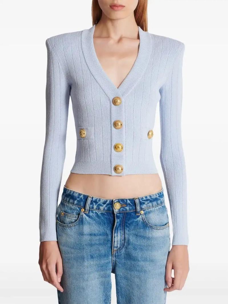 Blue Cropped Knitted Cardigan