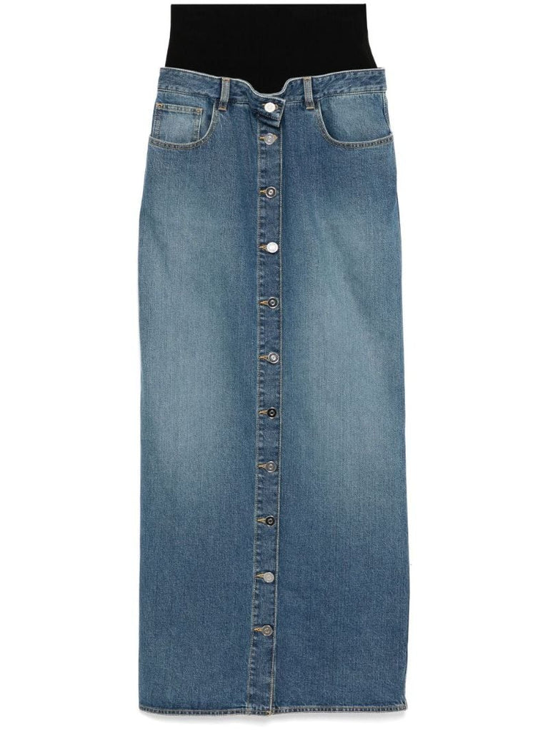 Knitted-waist Maxi Denim Skirt