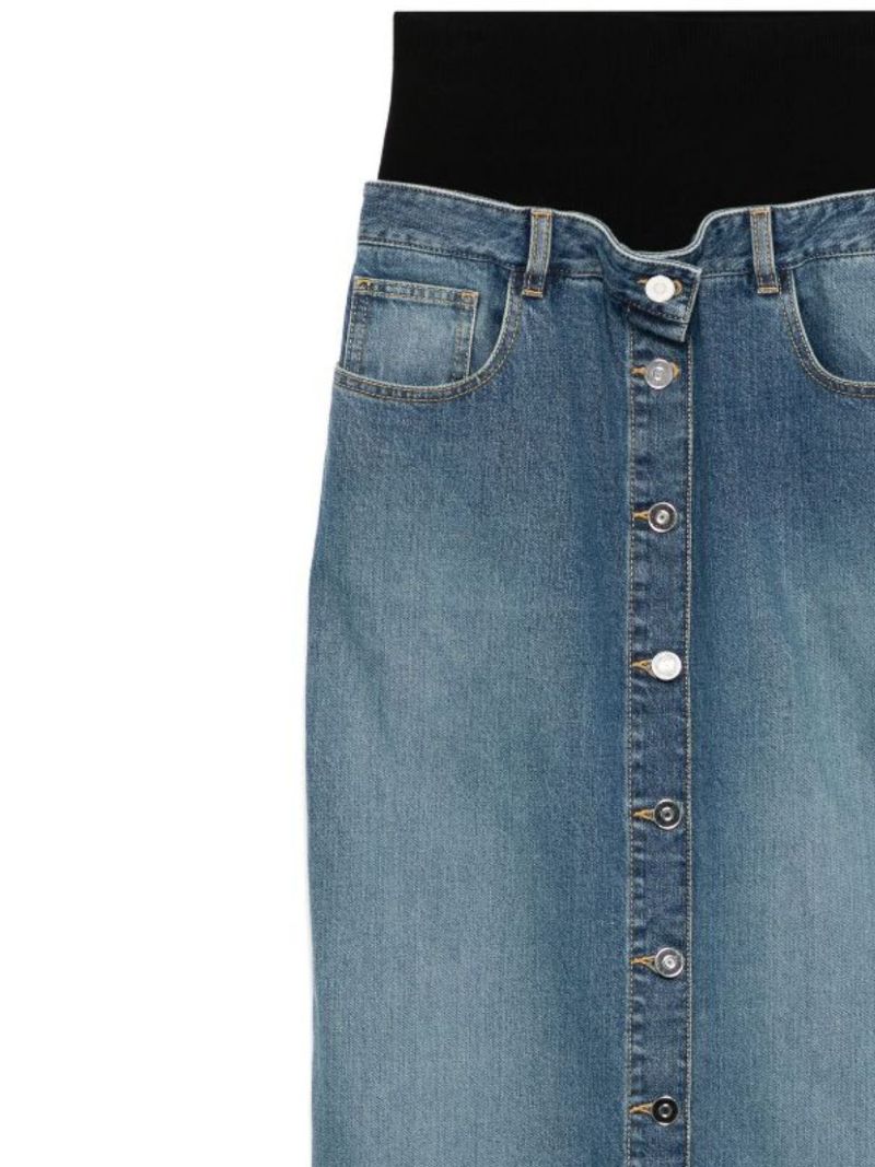 Knitted-waist Maxi Denim Skirt